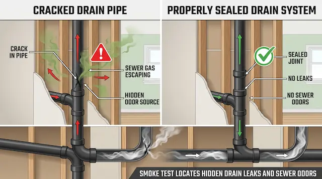 cracks drains sewer gases smell